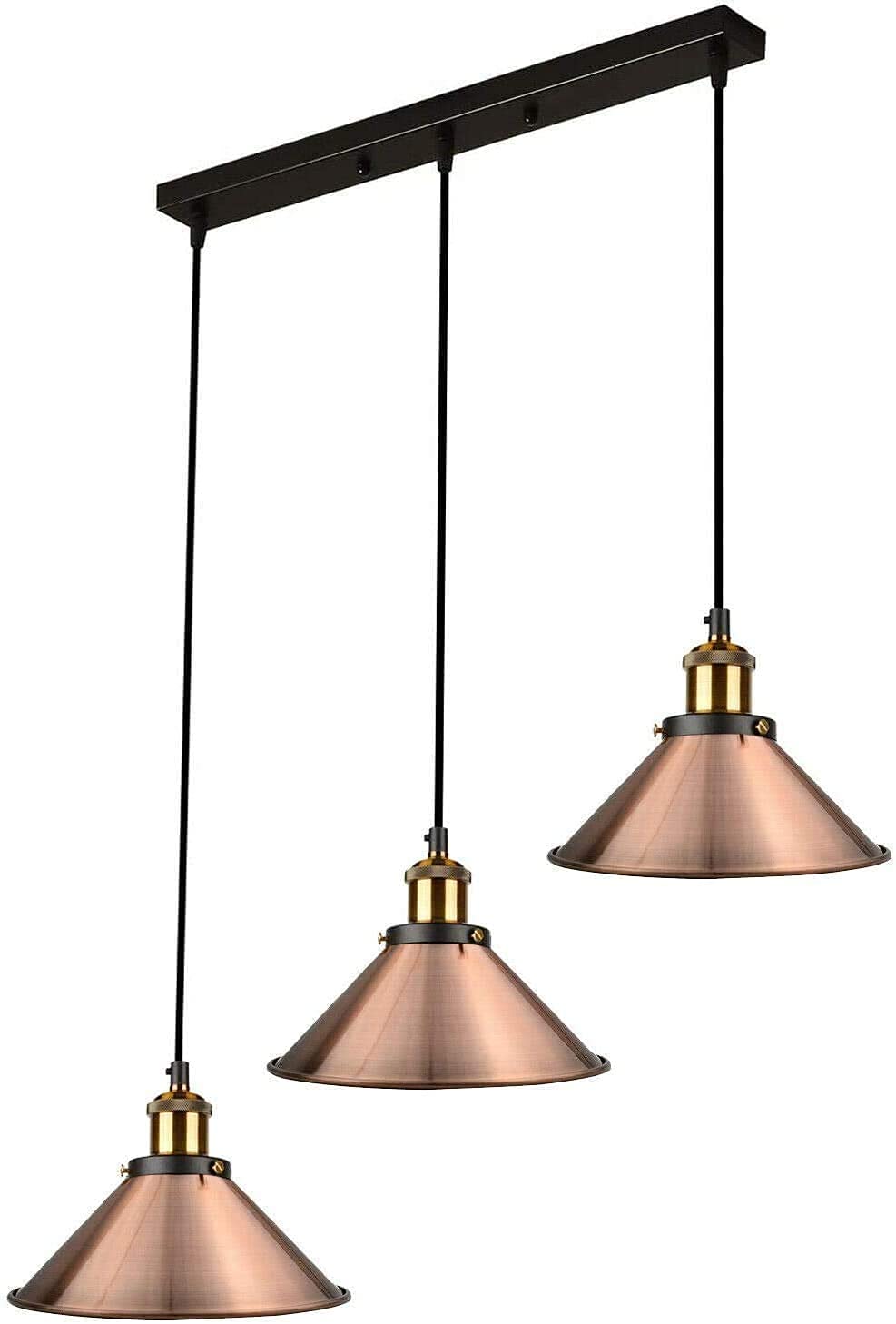 DC Voltage Industrial 3 Head Pendant Ceiling Light Metal 22cm Cone Shades Adjustable 95cm Cable E27 Holder 50cm Rectangle Ceiling Plate for Kitchen Dining Room