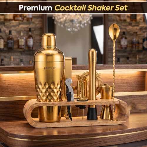 Image of O' Holic by Perch Cocktail Shaker Gift Set|10-Piece Stainless Steel Bartender Kit with Mango Wooden Stand| Accessories for Home Bar|Gift Box for Winters, Birthday, Wedding,Anniversary,Christmas|Golden