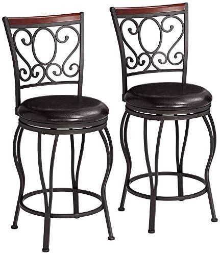 55 Downing Street Alberta Metal Swivel Bar Stools Set Of 2 Black 24" High Traditional Brown Faux Leather Upholstered Round Cushion With Backrest Footrest For Kitchen Counter Island Home Shed #TOP2