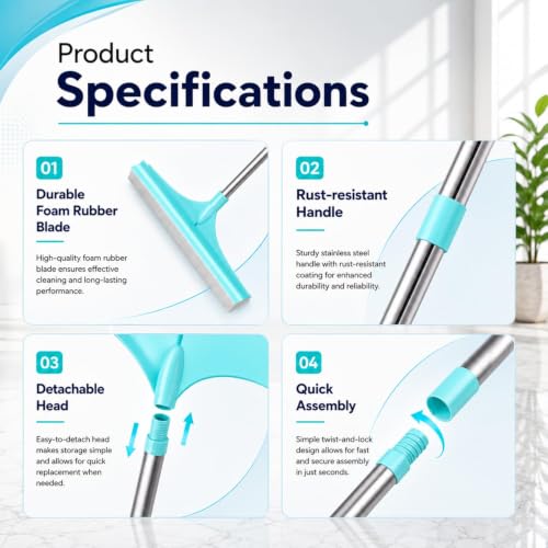 Image of Zureni Squeezee Wiper 16 inch with Silicone Blade, Laminated Rod, and Tapered Rubber for Water, Floor Cleaning, and Dirt Removal for Home, Glass & Tiles in Bathroom & Kitchen (Random Colours)