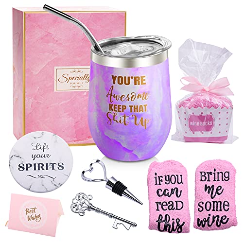 You're Awesome Keep That Up - Thank You Gifts for New Job Congratulation Graduation Promotion Inspirational, Birthday Gifts for Women Friends Coworkers - 12oz Wine Tumbler with Lid, Straw, Coaster