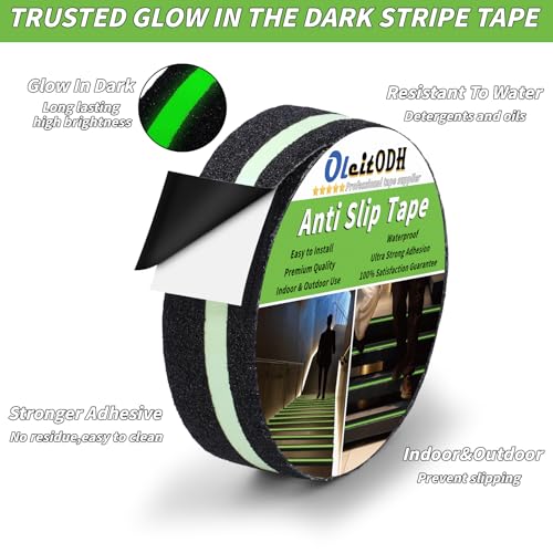 Image of Oleitodh Anti-Slip Traction Tape, 2In x 60Ft, Glow-in-Dark Green Stripe | High traction non-skid surface, waterproof & abrasive. Ideal for stairs, ramps, skateboards. Outdoors & indoors.