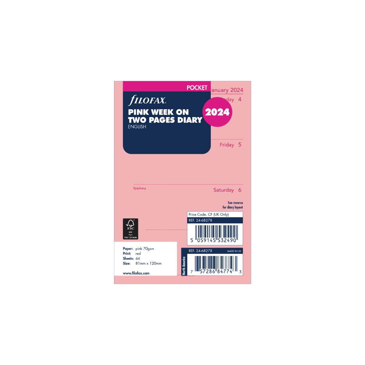 Filofax Pocket week on two pages English 2024 diary - pink