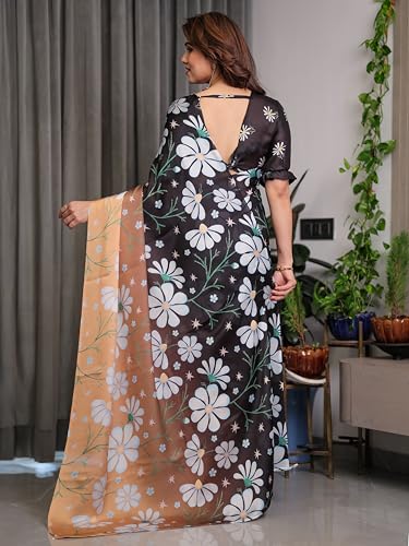 Image of ALMAARI FASHION Satin Georgette Floral Printed Saree with Blouse, 5.5 Meter Saree with 0.8 Meter Blouse, Traditional (SG 115 H)