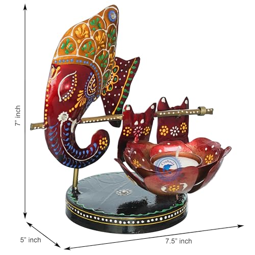 Image of Decorative Handcrafted Multicolor Metal Ganesh Red Tea Light Holder for Home Decoration and Gift