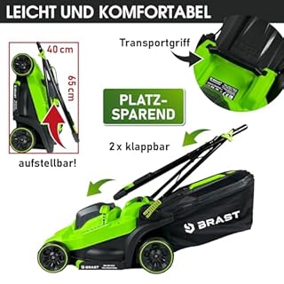 BRAST® Akku-Rasenmäher | 1-2X 20V Akku-Power mit 4,0Ah | 33-43cm Schnittbreite | 5-stufige Schnitthöhenverstellung 25-75mm | bis zu 520m² | 35-50L Fangkorb | klappbarer Führungsholm | City 33