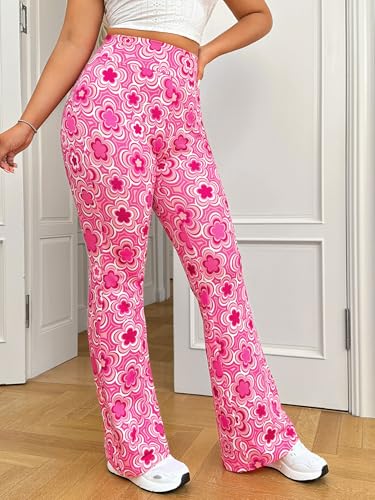 OYOANGLE Women's Plus Size Floral Print High Waisted Flared Leg Pants Bell Bottom Rave Trousers3
