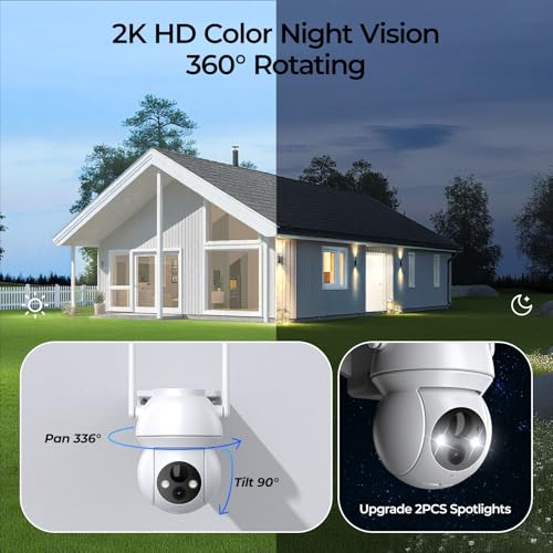 Image of Solar Security Camera Wireless Outdoor, 2K HD Color Night Vision Home Security Camera System with 360 View Battery Powered Spotlight & Siren WiFi Camera Outdoor Motion Sensor and 2-Way Audio 4 Pack