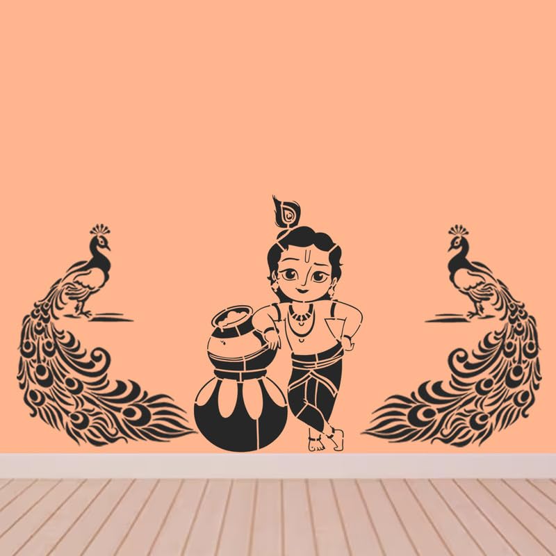 Image of ARandNJ Theme- Peacock Bird & Natkhat Krishna Print DIY Reusable Design Ideal for Kids Room, Entrance, Bedroom Decoration Modern Pattern Home Wall Stencil (Pack of 2, Stencils for Wall Painting)