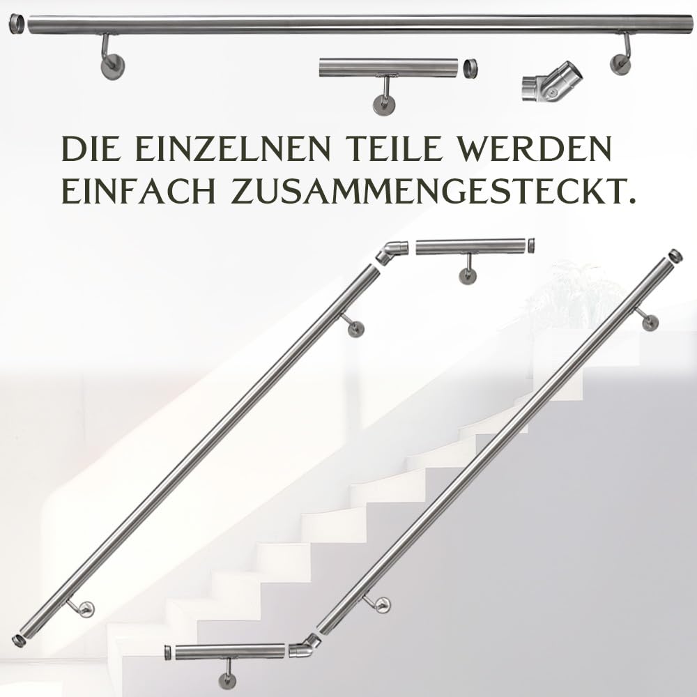 Handlauf aus Edelstahl mit Winkel 150 cm Gelenkverbinder Rohrverbinder Treppengeländer Geländer für Treppe 4,2 cm Wandhandlauf Wand Treppe V2Aox