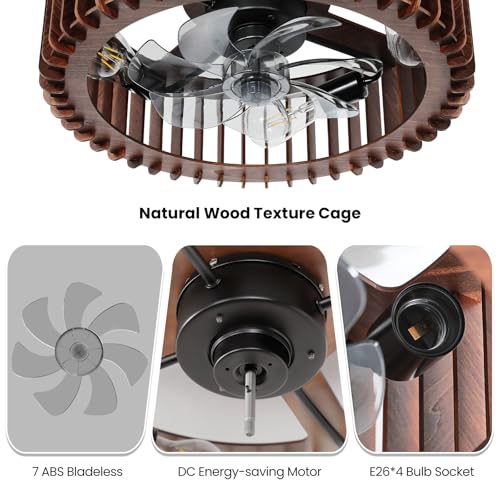 Image of 20 inch Farmhouse Wooden Caged Flush Mount Ceiling Fan with Lights, DC Motor, 6 Speeds Remote Control, Low Profile Bladeless Fandelier for Bedroom, Kitchen, Living Room