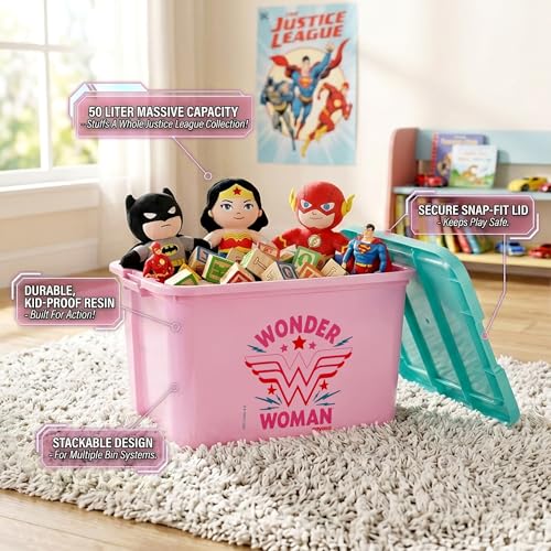 Image of Nayasa Wonder Woman Toy Box 50 Ltr | DC Superhero Print Plastic Storage Box with Lid | Stackable Organizer & Strong Durable | Pink