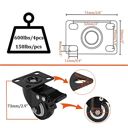 Image of 2 inch Caster Wheels Heavy Duty Casters Set of 4 Locking Swivel Casters with Brake Double Ball Bearing No Noise Non Marking Top Plate Castor Wheels for Cart Furniture Workbench