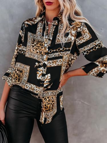 Blouses for Women Aesthetic Button Down Shirts Long Sleeve Dressy Casual Floral Tops Fall Outfits for Women 2025 Trendy - Black Leopard L3