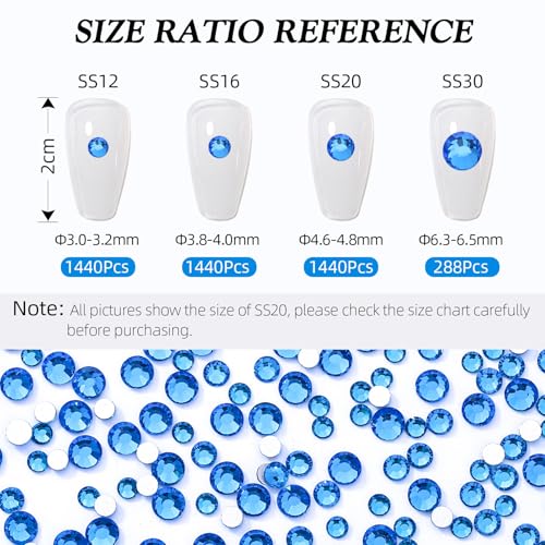 Image of Capri Blue Flatback Rhinestones, Glass Rhinestones for Nail Art and Craft, Glue Fix, Loose Crystal Gemstones(Capri Blue, SS20, 1440pcs, 4.6-4.8mm)