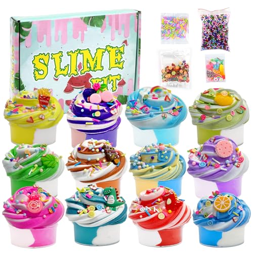 Yoyika Kit de Fluffy Butter Slime-12pcs, Slime de Nube 50ml, Slime de Mantequilla Suave y no Pegajoso, Decoraciones de Helados con Dulces y Frutas, Juguetes Perfumados DIY Slime para Niñas y Niños