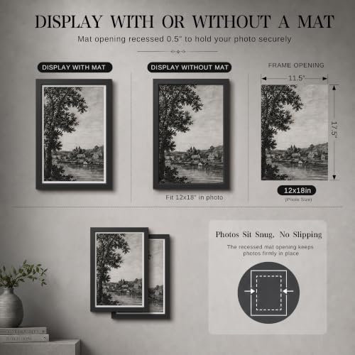 Image of VCK 12x18 Picture Frame with Real Glass, Black Wood, 11x17 Mat, 2 Pack