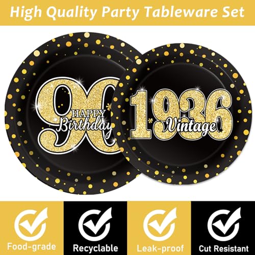 Image of 96PCS 90th Theme Birthday Party Tableware Vintage 1936 Party Supplies 90 Year Old Birthday Decorations Plates Napkins Forks Black and Gold Dinnerware Favors for Men or Women