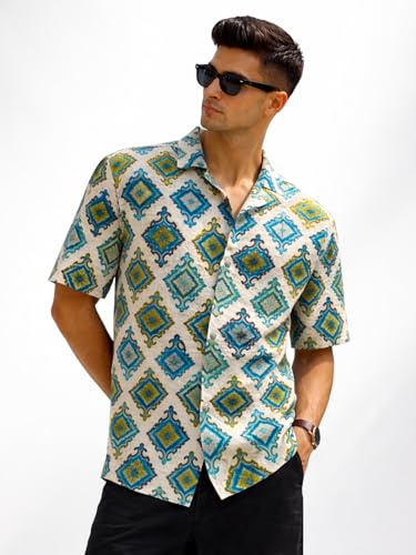 Image of Veirdo Men's Printed Camp Collar Shirt, Oversized Fit, Short Sleeve Casual Resort Wear, Button-Down Summer Shirt for Men, Cotton Fabric (Sizes S to 2XL)