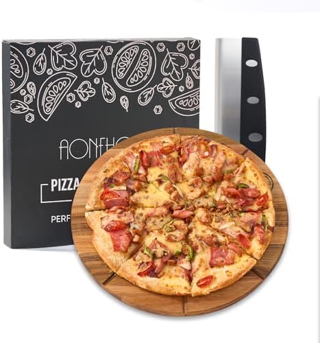Premium Acacia Pizza Wood Cutting Board with Rocker Pizza Cutter Ideal Pizza Slicer & Serving Board for Perfect Slices Serving Kitchen 13.38
