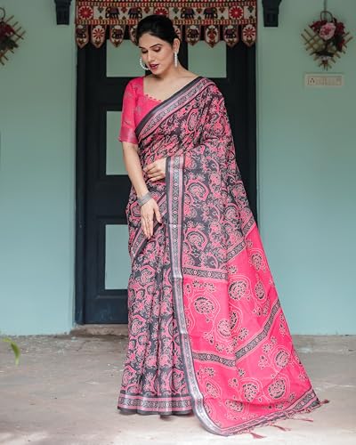 Image of Kaugalian store Linen Cotton Floral Printed Saree for Women with Unstitched Blouse Piece | 5.5 M Saree & 0.8 M Blouse