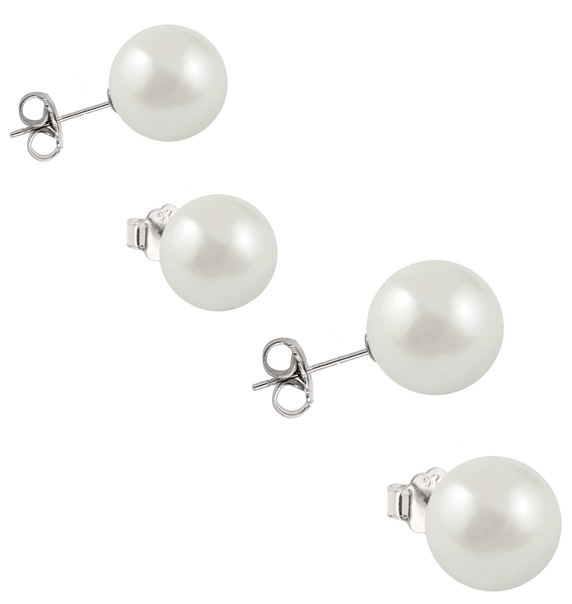 ENTREPLATA Set de Pendientes de Plata de Ley 925 Señora Perla Natural Redonda Mujer Perlas Cultivadas Agua Dulce de Rio de 8 y 10 mm.