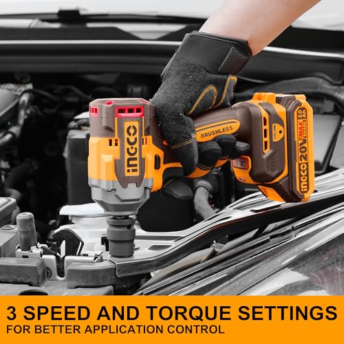 Image of Ingco 20V Cordless Impact Wrench 1 /2 Inch 400NM, Brushless Motor, Nut-Busting Torque 550Nm, 20V Battery Impact Gun, LED Work Light with 2 Pcs 2.0Ah Battery Pack And Charger, Packed by Carrying Case