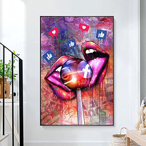 Art mural graffiti lèvres rouges imprimé sur toile canvas de luxe