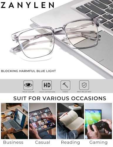 Image of ZanyLen Blue Light Glasses Men Rectangle Large Browline Computer Gaming Glasses