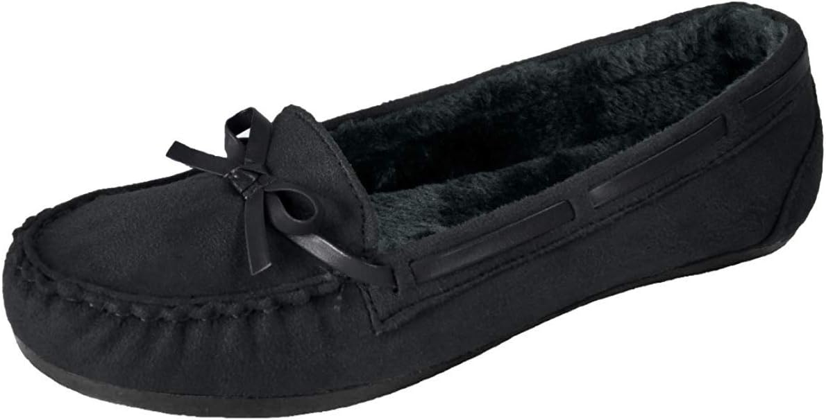 Wells Womens Fashion Faux Suede Fur Lined Slip On Moccasin Flat Shoes, Black, 10