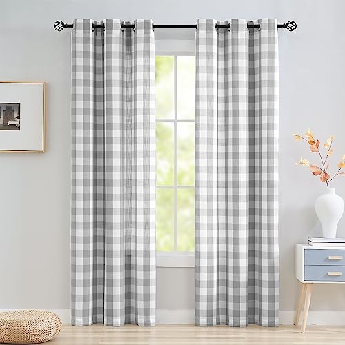 Abstractex Grey White Gingham Sheer Curtains 60x72 Inch for Bedroom Buffalo Check Linen Textured Semi Sheer Privacy Drapes for Living Room Light Filtering Rustic Eyelet Window Treatments 2 Panels - Image 2