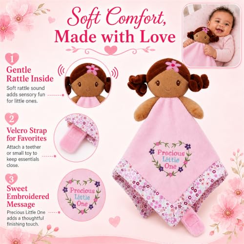 Image of June Garden Zuri Baby Lovey Blanket for Girls, 15 x 15 in Soft Security Blanket with Toy Attachment Strap