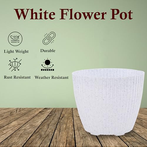 Image of Kuber Industries Plastic 8 Inch Pots for Plants with Tray | Planters for Home Decor, Living Room and Office | Indoor and Outdoor Flower Pots for Balcony and Terrace | Marble Mega - White