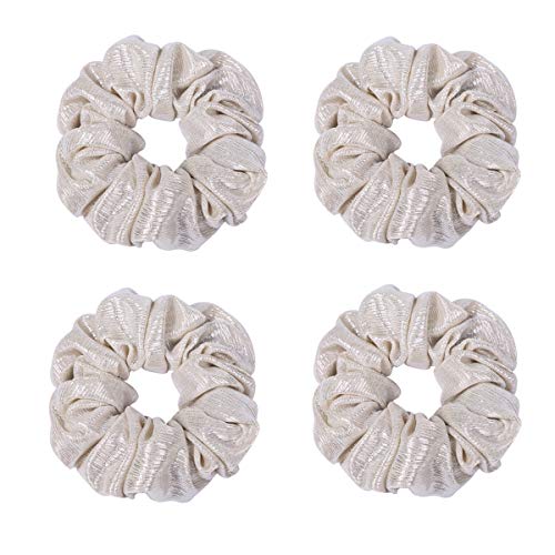 4ピース シャイニーメタリック シュシュ 伸縮ヘアバンド シュシュ ヘアシュ ステージショー ヘアリボン エラスティック ポニーテールホルダー ヘアタイロープ レディース ガールズ ヘアアクセサリー (ライスホワイト)