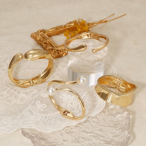 BROCC 2-4PCS Gold Plated Cuff Bangle Bracelets for Women Trendy Hinged style Adjustable Cuff Bangle Bracelet Wrist Wrap Irregular Minimalist Jewelry Set3