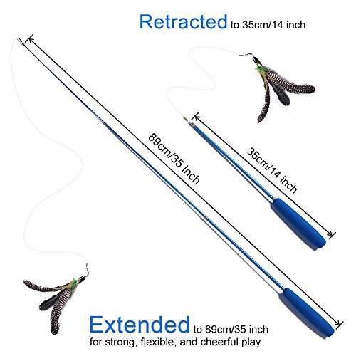 Petbaba Cat Wand, Interactive Feather Toy, 2 Pcs Wild Refill On Retractable Stick, Fun Catcher Teaser Exercising Your Kitten To Make Pet Happy In Blue #TOP3