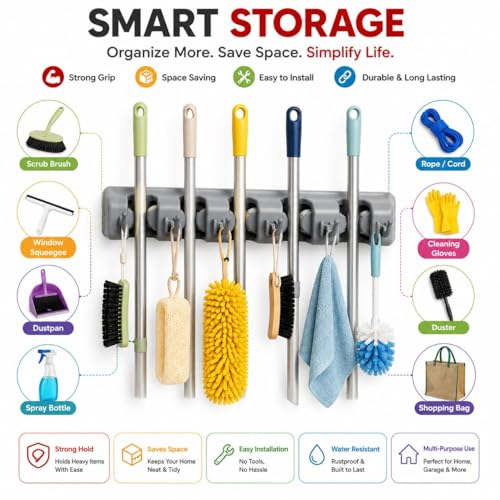 Image of Broom Holder Wall Mounted - 5-Slot Mop Organizer with 6 Hooks, Convenient Storage Stand for Mops, Brooms, Brushes & Cleaning Tools - Space-Saving Wall Hanger