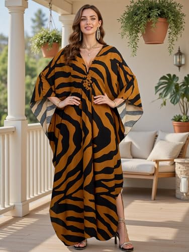 Image of IMAGEKOPE Women's Plus Size Animal Print V-Neck Batwing Kaftan Beach Dress Bathing Suit Cover-Up Loungewear