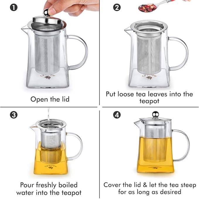 Image of Borosilicate Glass stovetop Kettle with Stainless Steel Infuser teapot to Infuse Tea Coffee Black Tea harbal kadha Tea Pot for Making Green Tea (Square Teapot 750ML)