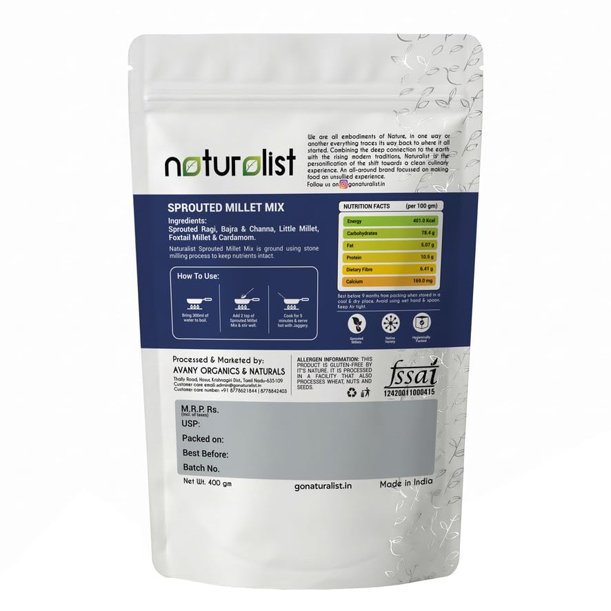Image of Naturalist Sprouted Millet Mix - 400g | 5-Grain Multigrain Flour | Ragi Jowar Bajra Foxtail Little Millet | Gluten Free | Rich in Fibre Protein Iron | Stone Ground Cold Milled | No Preservatives | Healthy Roti Dosa Porridge Mix