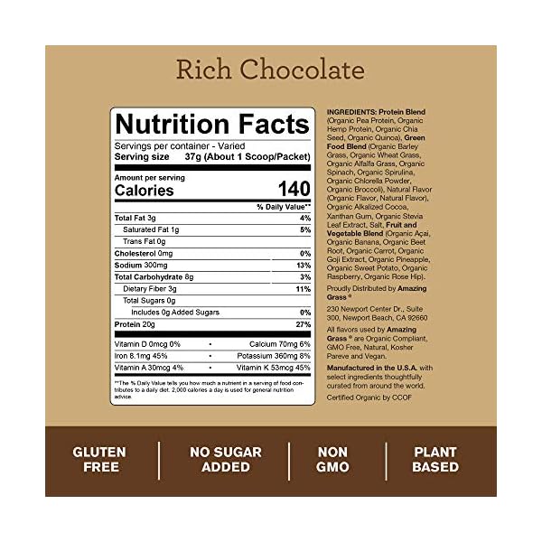 Amazing-Grass-Protein-Superfood-Vegan-Protein-Powder-All-in-One-Nutrition-Shake-Rich-Chocolate-18-Servings Amazing Grass Vegan Protein Superfood, All in One Nutrition Shake with Beet Root Powder, Rich Chocolate, 22.9 Oz