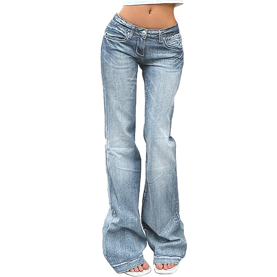 Women's Flare Bell Bottom Jeans Y2K Vintage Low Rise Stretch Bootcut Jeans Casual Wide Leg Denim Pants Streetwear