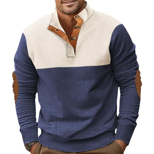 PRIVIMIX Sudadera de pana para hombre, ligera, de manga larga, con botones, talla M-3XL, azul marino, 3XL