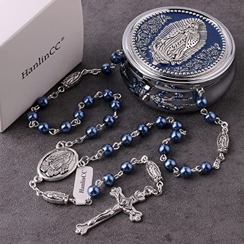 HanlinCC 6mm Glass Pearl Beads Catholic Our Lady of Guadalupe Rosary Necklace for Women and Men with Virgin Mary Center Piece and Crucifix with Metal Gift Box4