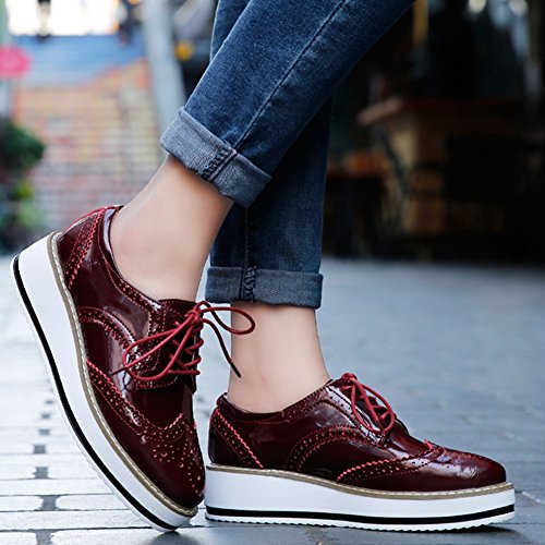 YING LAN Women's Platform Lace-Up Wingtips Square Toe Oxfords Shoe Red