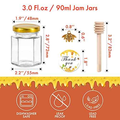 Aurotrends 3Oz Mini Honey Jars With Dipper 30Pack, Glass Jars For Baby Shower Favors/ Wedding Favors For Guests Bulk-Mini Jars With Wooden Dippers/ Bee Charms/ Thankyou Stickers/ Jute Twine (3Oz-30Pack) #TOP3