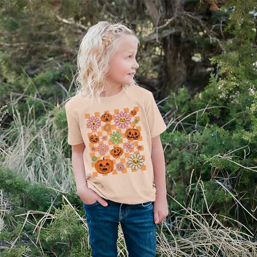 Girls Halloween Shirt Pumpkin Flower Face Checkered T-Shirt Kids Crewneck Short Sleeve Spooky Season Gift Tee Tops3
