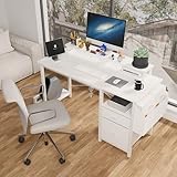 XUOXFUTZIG 47 inch Office Desk with Power Outlet - Includes 2 Monitor Stands & 2 Drawers, All-in-One Computer Workstation, White