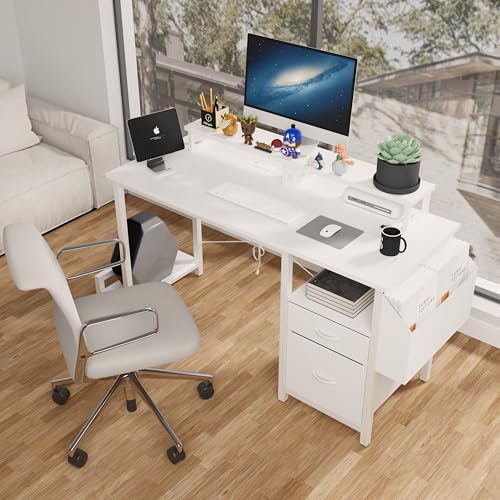 XUOXFUTZIG 47 inch Office Desk with Power Outlet - Includes 2 Monitor Stands & 2 Drawers, All-in-One Computer Workstation, White