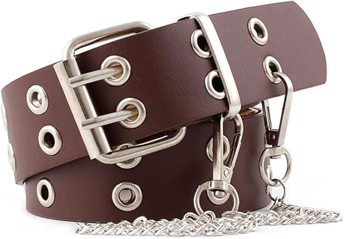 Fashion Women's PU Leather Belt with Double Holes - Elastic Stretchable Waistband for Jeans, Pants, Dresses, Casual & Office Wear (Brown)
